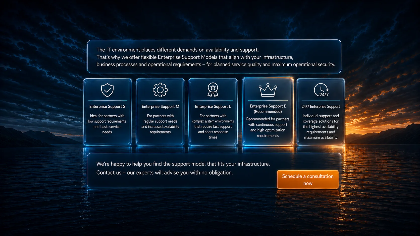 Every IT environment places different demands on availability and support. That's why we offer flexible Enterprise Support Models that align with your infrastructure, business processes, and operational requirements – for predictable service quality and maximum operational reliability. Enterprise Support S: Ideal for partners with occasional support needs and basic service requirements. Enterprise Support E (Recommended): Recommended for partners with continuous support and optimization needs. Enterprise Support M: For partners with regular support needs and increased availability requirements. Enterprise Support L: For partners with business-critical systems that require fast support and short response times. 24/7 Enterprise Support: Individual support and standby solutions for especially high requirements and maximum availability. We're happy to help you find the support model that fits your infrastructure. Contact us – our experts will advise you with no obligation. Schedule a consultation now